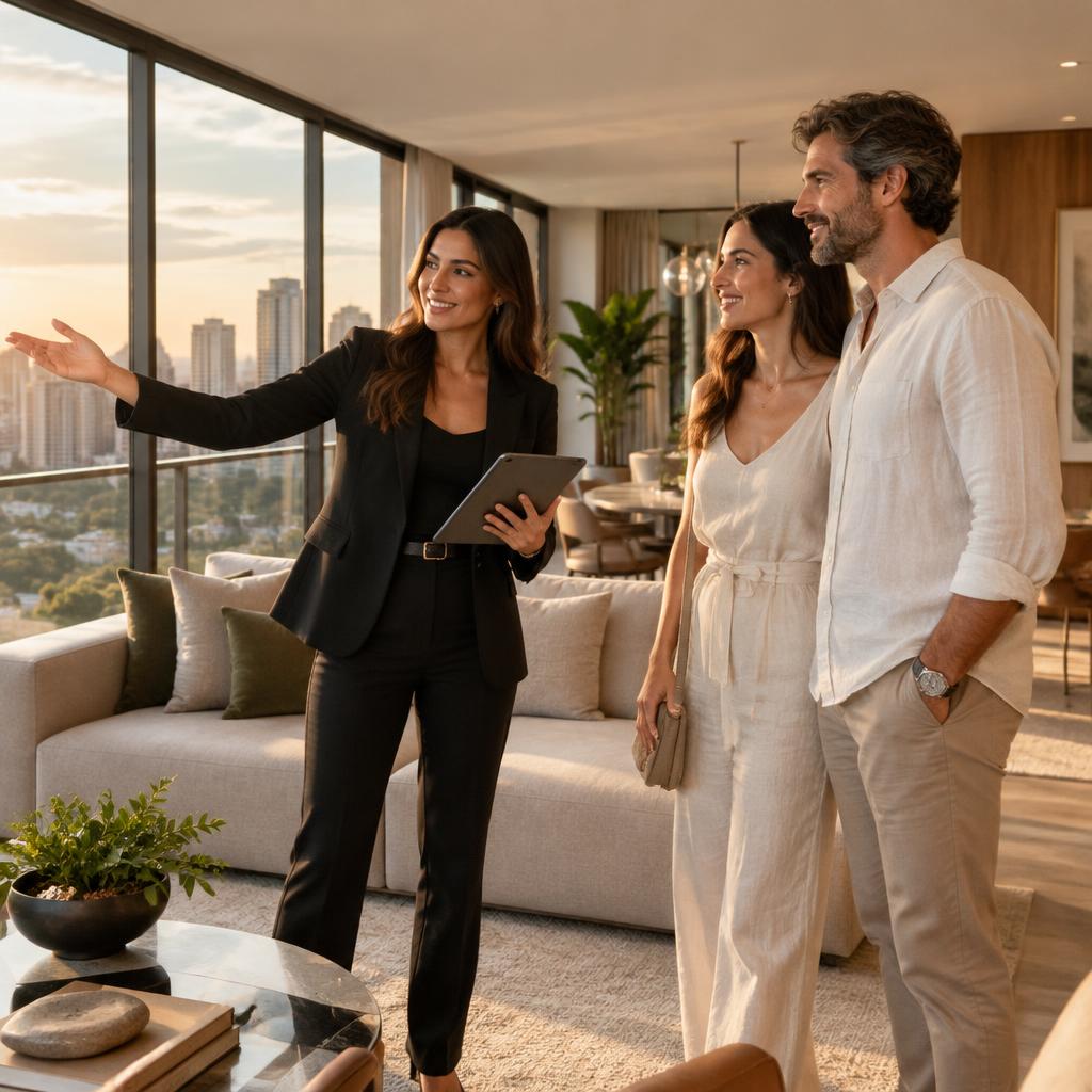 Corretora apresentando apartamento a um casal